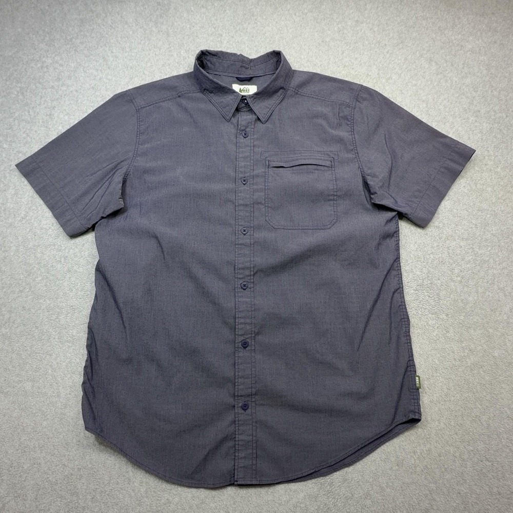 REI Co-op Shirt Mens Medium Blue Short Sleeve Button Stretch Adventure Outdoor